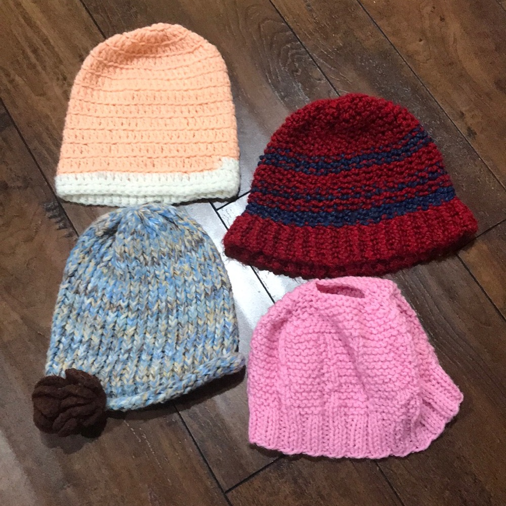 Lot of 4 Hand Knitted Crocheted Fall Winter Hats